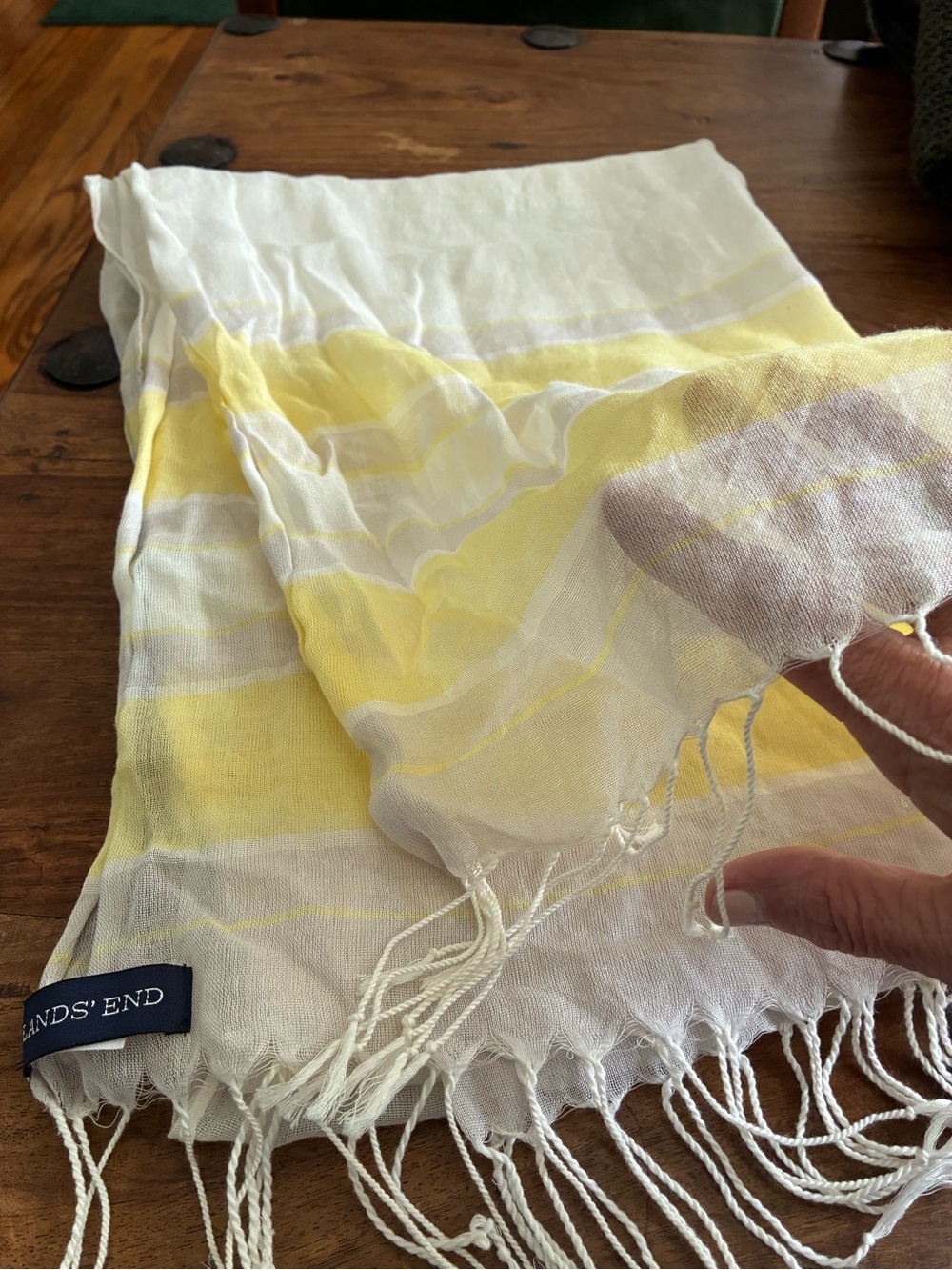 Lands' End White and Yellow Striped Cotton Scarf with Fringe